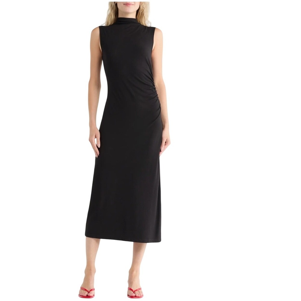 Vince Mock Neck Sleeveless Ruched Knit Midi Dress Womens M Black Gathered Waist